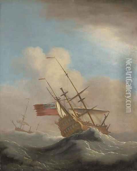 Man-o'-War in a swell, with another ship beyond Oil Painting - Peter Monamy