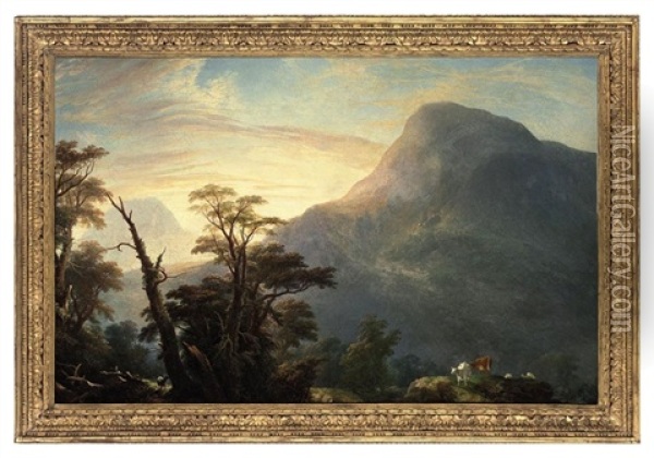 A Mountainous Landscape With Cattle Oil Painting - Jeremiah Hodges Mulcahy