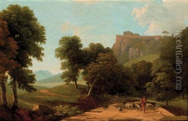 A Classical Landscape With A Shepherd And His Flock, Fortifications On A Hilltop Beyond Oil Painting - Jean Victor Bertin