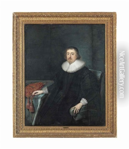 Portrait Of Sir Thomas Savage, 1st Viscount Savage (1589-1635), Three-quarter-length, Seated, In His Robes Of Office As Lord Chancellor... Oil Painting - Cornelis Jonson Van Ceulen