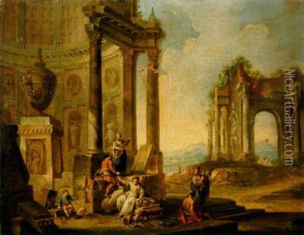 Saltimbanques Au Milieu De Ruines Oil Painting - Giovanni Paolo Panini