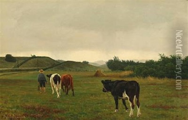 A Boy Pulling Cows On Field Oil Painting - Poul Steffensen