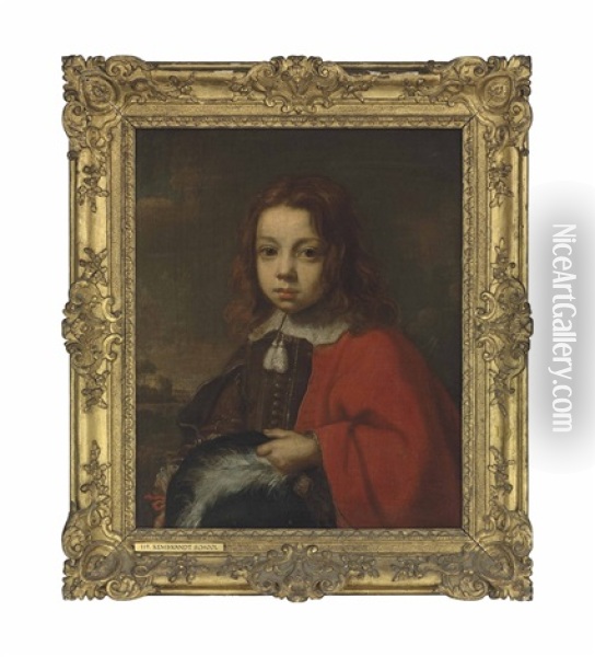 Portrait Of A Boy, Half-length, In A Brown Jacket And Red Mantle, Holding A Plumed Hat, In A Landscape Oil Painting - Carel van Savoyen