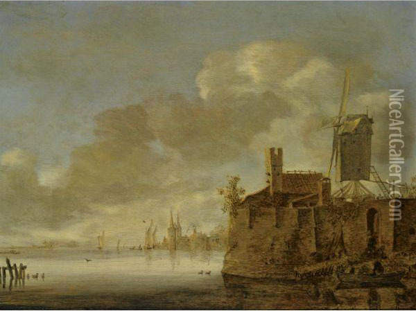River Landscape With A Fortified Town, A Windmill On The Right Bank, And A Rowing Boat With Figures In The Foreground Oil Painting - Reinier Van Der Laeck