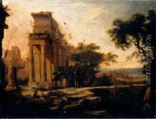 A Classical Landscape With Ruins And Figures In The Foreground Oil Painting - Pierre-Antoine Patel