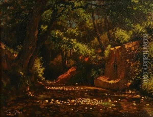 A River Bed With Oak Tree Oil Painting - Tinus de Jongh