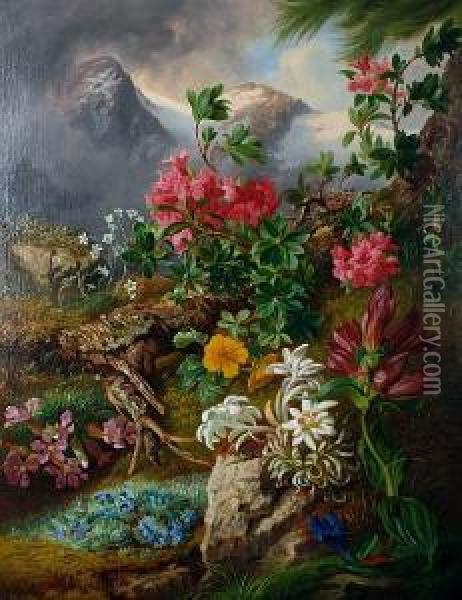 Still Life Of Alpine Flowers In Alandscape Oil Painting - Josef Schuster