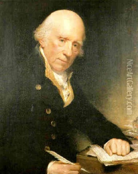 Portrait Of Warren Hastings, Seated Half-length At Desk Holding A Quill Pen... Oil Painting - Sir William Beechey