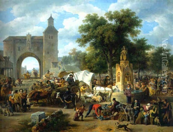 A Town Square On Market Day With Numerous Townsfolk And Tradesmen Selling Their Wares By A Gothic Fountain, A Fortified Gateway Beyond Oil Painting - Jean-Louis Demarne