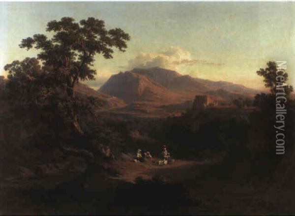Italienische Landschaft Im Abendlandschaft Oil Painting - Johann Jakob Frey