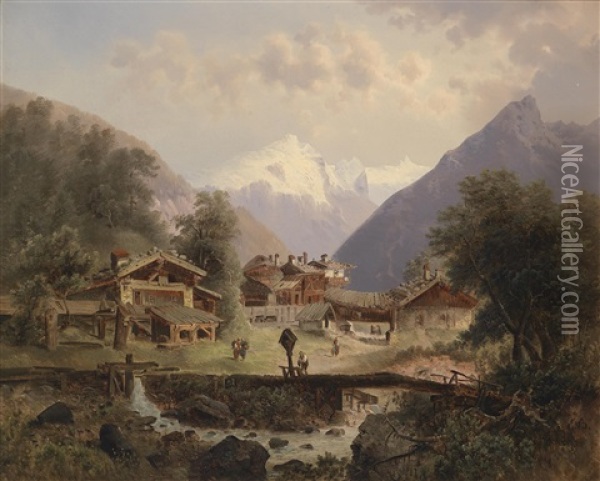 Gebirgsdorf Im Hintergrund Alpenpanorama Oil Painting - Emil Barbarini