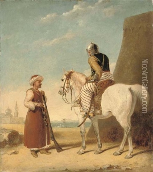 Two Mameluke Soldiers, One On A Horse, Outside A Walled Town Oil Painting - Abraham Cooper