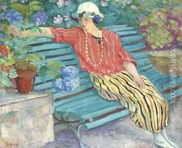 Jeune femme aux hortensias Oil Painting - Henri Lebasque