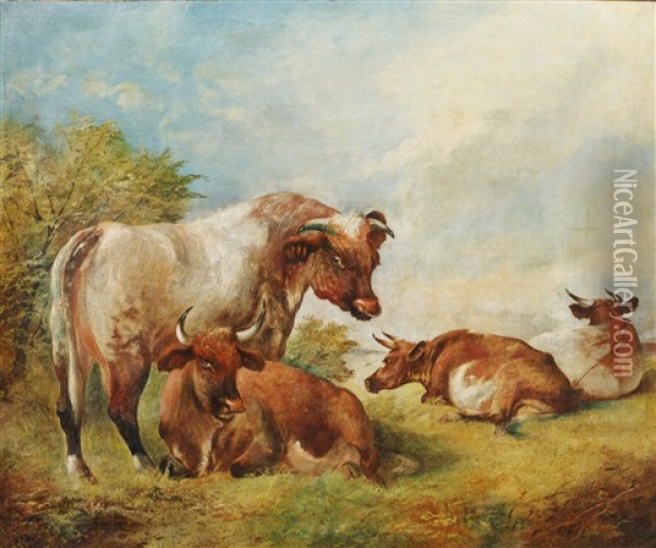 A Bull And Cows In A Landscape Oil Painting - William Huggins