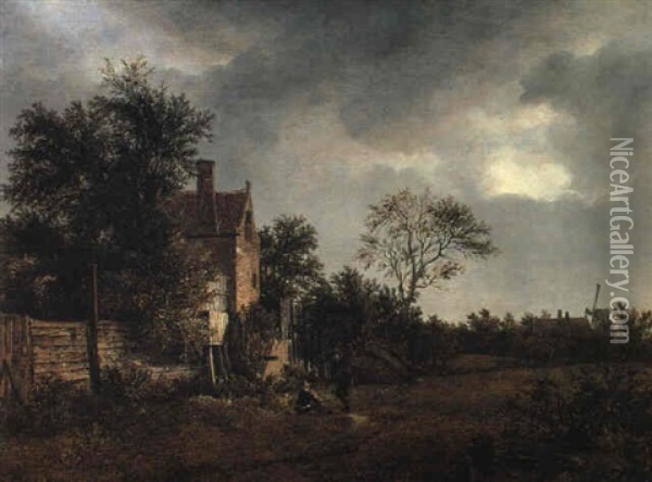 Wooded Landscape With Travellers Resting By A Cottage Oil Painting - Isaak van Ruisdael