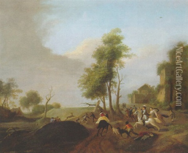 A Stag Hunt Oil Painting - Carel van Falens