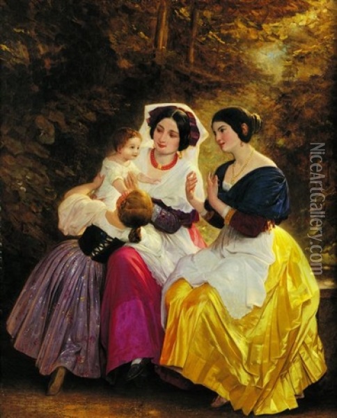 Deux Jeunes Femmes Jouant Avec Des Enfants Dans Un Sous Bois Oil Painting - August Heinrich Riedel