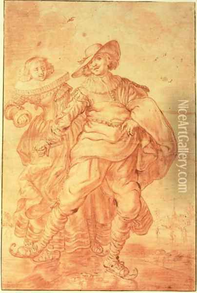 A Lady and Gentleman Skating on Ice, c.1625 Oil Painting - Adriaen Pietersz. Van De Venne