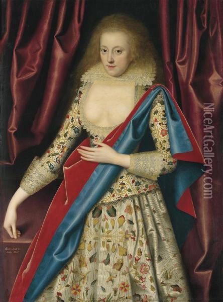 Portrait Of Lady, Probably Lady Thornhagh, Three-quarter-length, Inan Embroidered Bodice And An Embroidered Dress, With A Pale Yellowlace Collar, And A Blue And Red Mantle Over Her Left Shoulder,beside A Table, Flanked By Draped Curtains Oil Painting - William Larkin