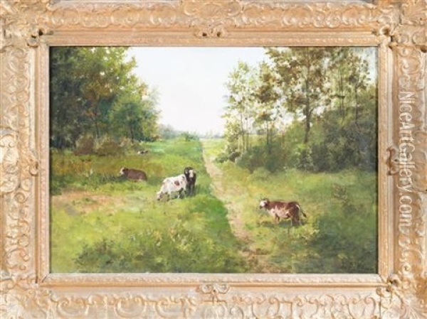 Cattle In Landscape Oil Painting - Louise De Hem