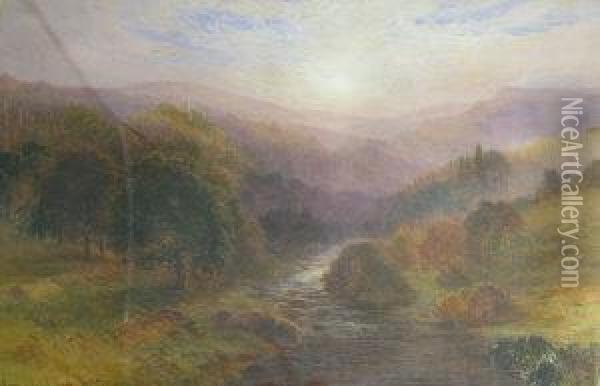 River Landscape With Trees And Mountians Oil Painting - Arthur Henry Howard Heming