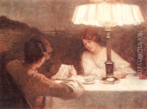 Two Women Reading Oil Painting - Christian Valdemar Clausen