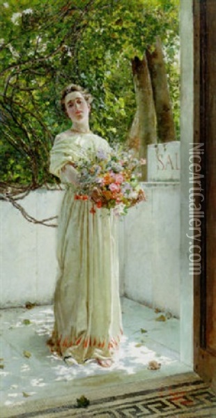 The Flower Gatherer Oil Painting - Gioacchino Pagliei