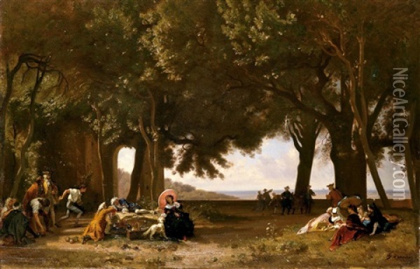 Gesellschaft Beim Boulespiel In Einem Park (collab. W/henri Charles Antoine Baron) Oil Painting - Francois Louis Francais