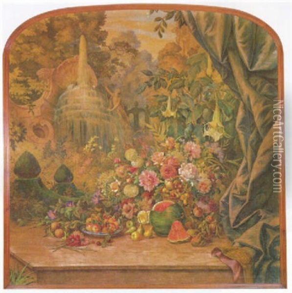 Jardin Con Fuente Y Gran Cesto De Flores Y Frutas Oil Painting - Ramon Stolz Segui