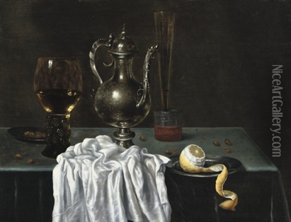 A Roemer Of White Whine, A Pewter Plate With Hazelnuts, A Silver Ewer, A Beer Glass, A Tall Glass Of Red Wine And A Pewter Plate With A Partially Peeled Lemon, All On A Draped Table Oil Painting - Willem Claesz Heda
