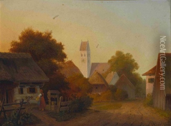 Dorfansicht In Der Abendsonne Oil Painting - Anton Hoechl