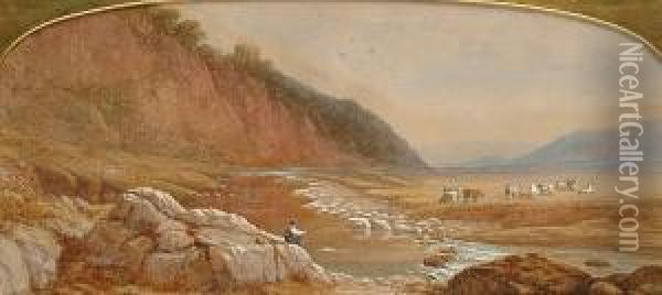 Fishing On A Highland River, Signed And Dated 1860 Oil Painting - Charles Vacher