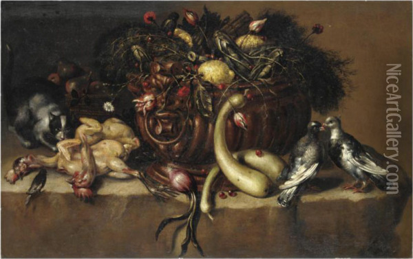 Natura Morta Con Ortaggi, Limoni, Colombe, Pollame E Un Gatto Oil Painting - Bartolomeo Arbotori