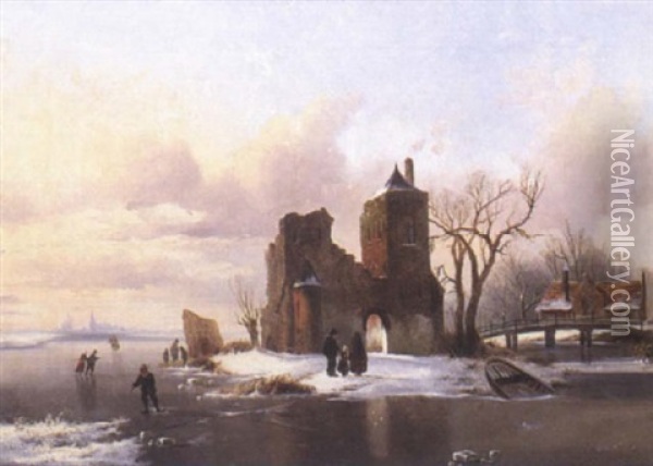 Skating On A Frozen Pond Oil Painting - Alexis de Leeuw