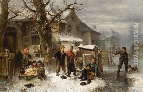 Children Playing In The Snow Oil Painting - Mari ten Kate