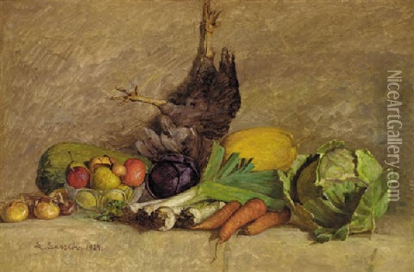 Mixed Fruit And Vegetables By Hanging Game Oil Painting - Frederik Larsen-Saerslov