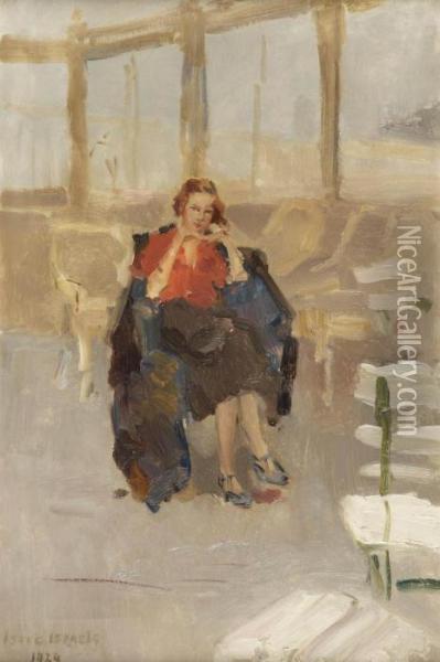 An Elegant Lady Sitting On The Pier Het Wandelhoofd Koningin Wilhelmina, Scheveningen Oil Painting - Isaac Israels