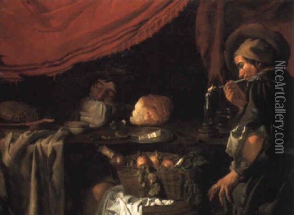 A Youth Lighting His Pipe At A Table With A Sleeping Companion Oil Painting - Jacob Oost the Elder
