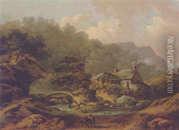 Landscape With Rustics On A Path Before A River Oil Painting - William Hodges