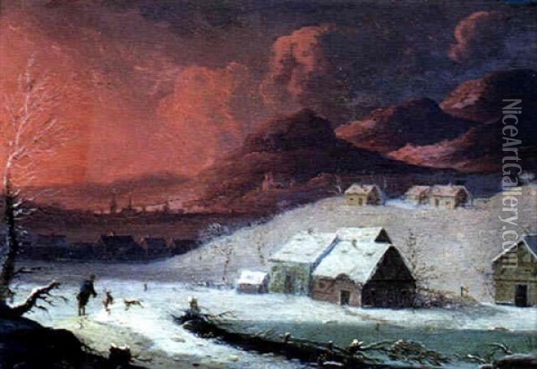 Village Sous La Neige Avec Un Paysan Jouant Avec Son Chien Oil Painting - Norbert Joseph Carl Grund