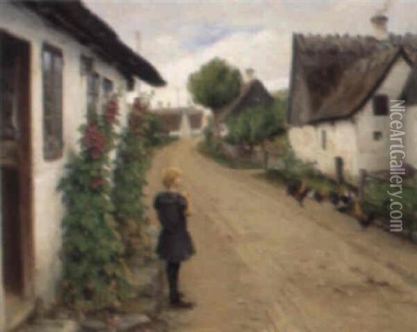 Landsbyidyl Med Ung Pige I Bla Kjole Oil Painting - Hans Andersen Brendekilde