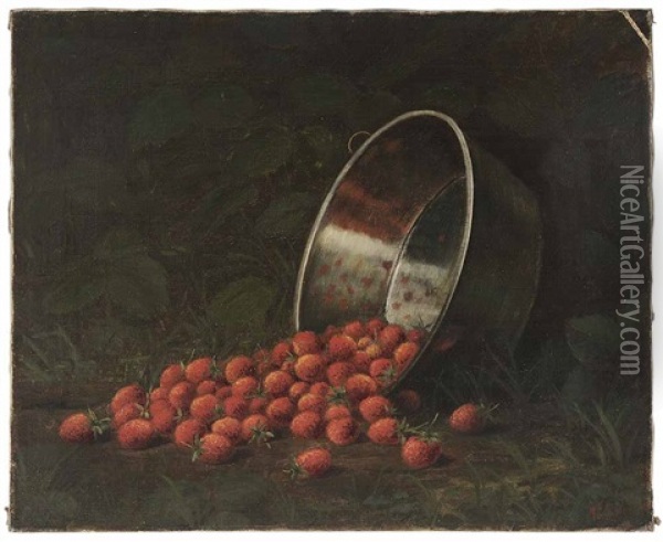 Still Life Of Spilled Strawberries In A Landscape Oil Painting - Albert Francis King