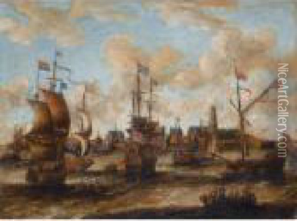 English And Dutch Shipping Off Antwerp Oil Painting - Pieter Van Den Velden