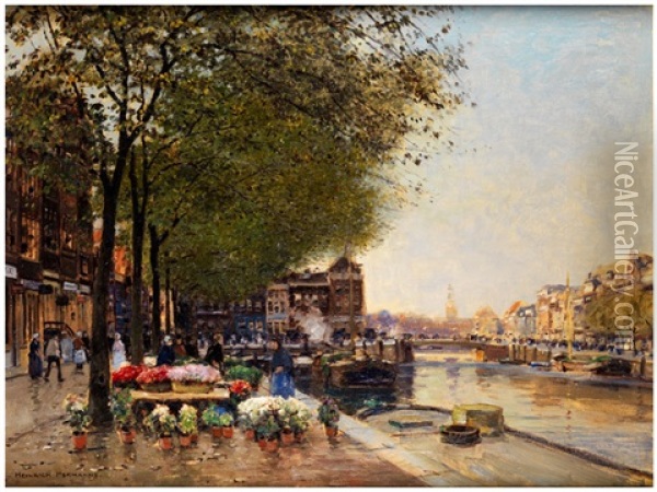 Blick Auf Den Blumenmarkt In Amsterdam Oil Painting - Heinrich Hermanns