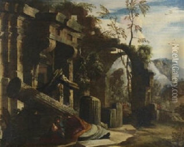 Le Repos De La Sainte Famille Dans Des Ruines Antiques Oil Painting - Giovanni Ghisolfi