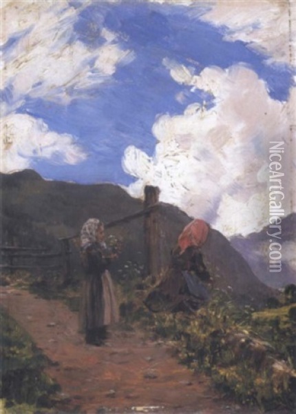 Paesaggio Montano Con Contadine Oil Painting - Giovanni Rava