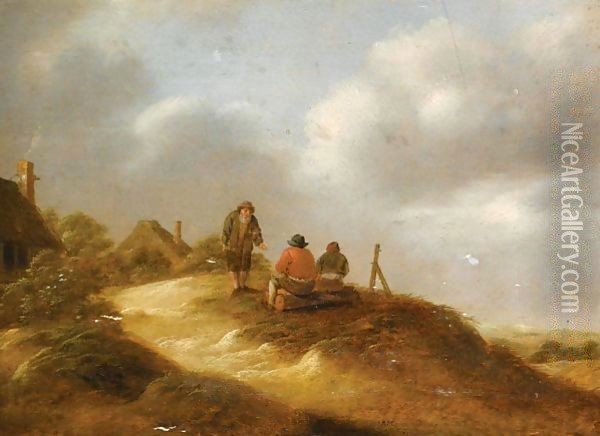 A Dune Landscape With Three Boors Conversing Before A Hamlet Oil Painting - Claes Molenaar (see Molenaer)