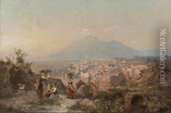 Figures On A Hill Overlooking Pompeii Oil Painting - Franz Richard Unterberger