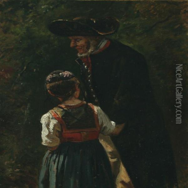 An Elderly Gentleman And A Young Girl In Regional Costume Are Holding Hands Oil Painting - Wilhelm Marstrand