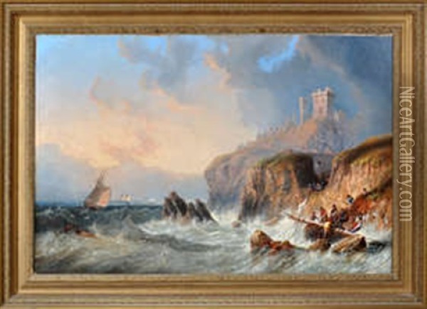 Figures Salvaging Spars From A Shipwreck On The Rocks Below A Ruined Castle Oil Painting - John Wilson Carmichael